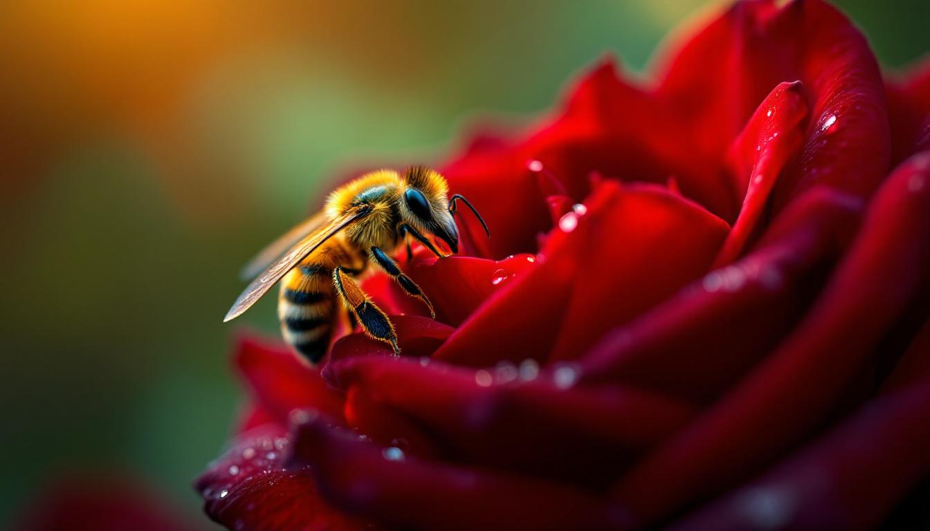 Biene sitzt auf roter Rose